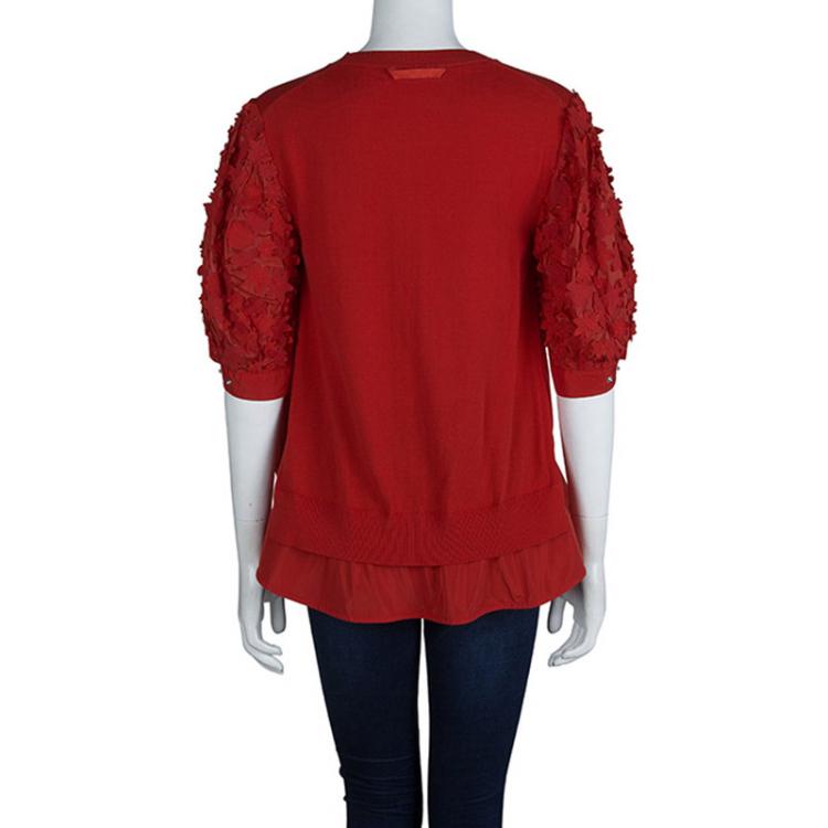 Pre Owned Moncler Red Knit  Floral Applique Sleeve Detail Top M