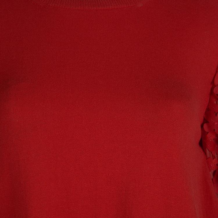 Pre Owned Moncler Red Knit  Floral Applique Sleeve Detail Top M