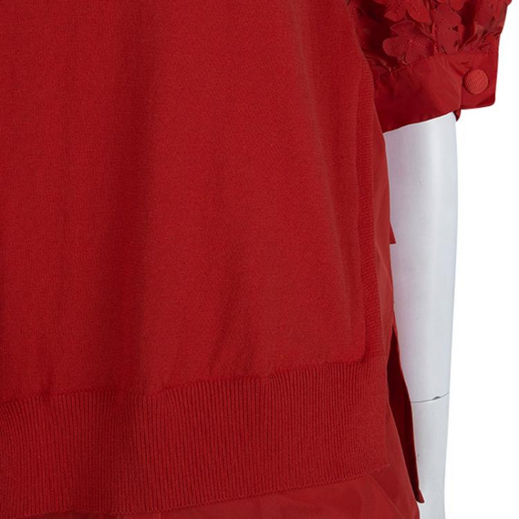 Pre Owned Moncler Red Knit  Floral Applique Sleeve Detail Top M