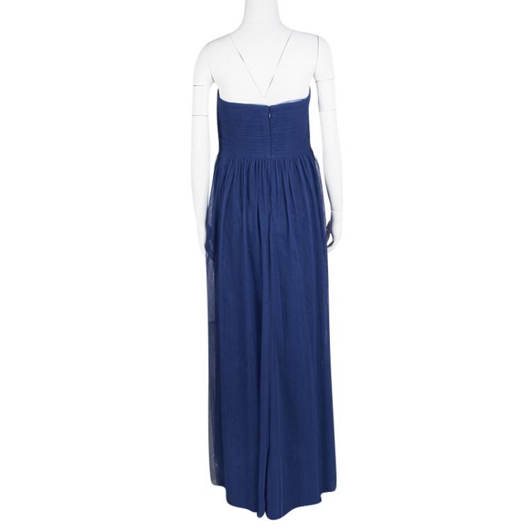 Pre Owned ML by Monique Lhuillier SS'14 Blue Embellished Drape Detail  Strapless Tulle Dress L