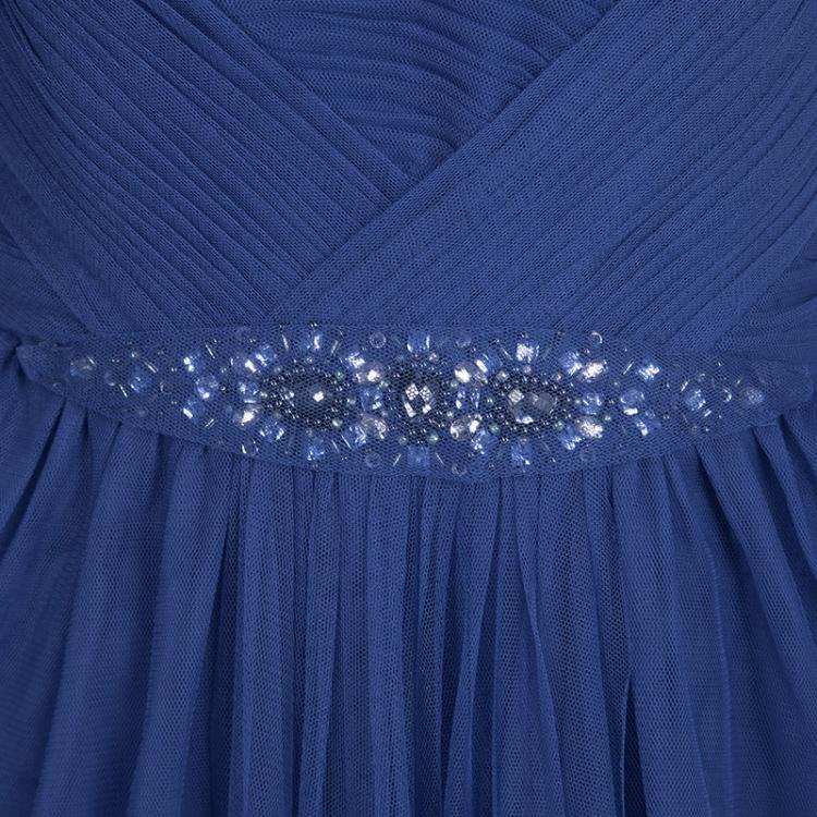 Pre Owned ML by Monique Lhuillier SS'14 Blue Embellished Drape Detail  Strapless Tulle Dress L
