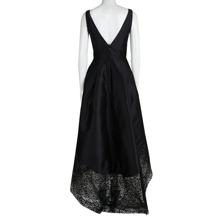 Pre Owned ML By Monique Lhuillier Black Lace Detail High Low Gown S