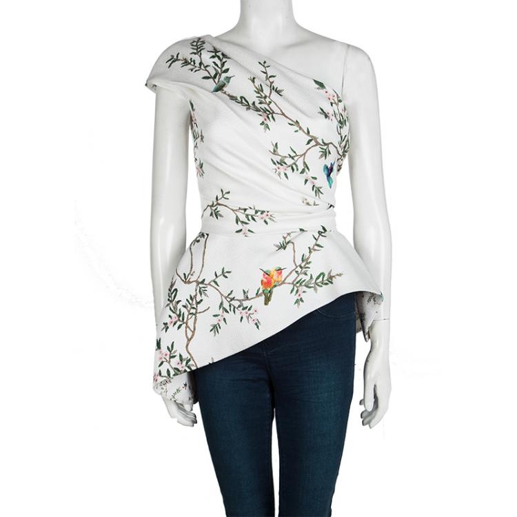 Pre Owned Monique Lhuillier Off White Printed Pebble Jacquard One Shoulder Peplum Top S
