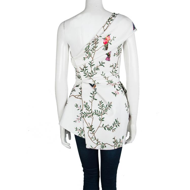 Pre Owned Monique Lhuillier Off White Printed Pebble Jacquard One Shoulder Peplum Top S