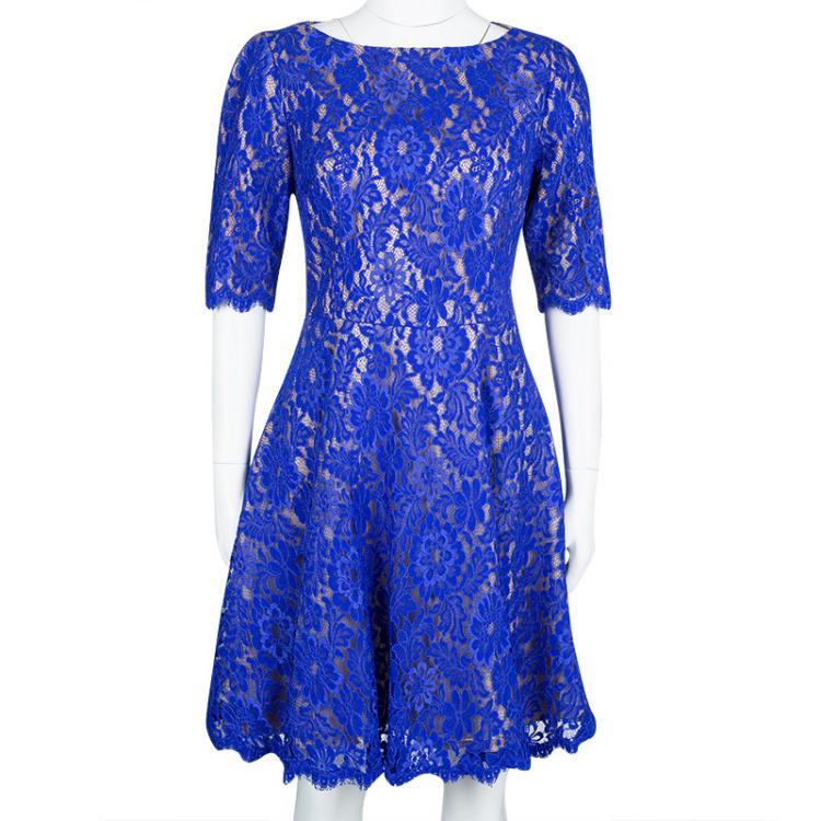 ML By Monique Lhuillier Blue Scalloped Lace Short Sleeve Dress L Monique Lhuillier TLC