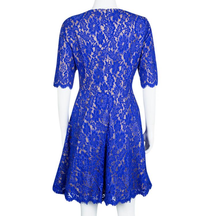 Pre Owned ML By Monique Lhuillier Blue Scalloped Lace Short Sleeve Dress L