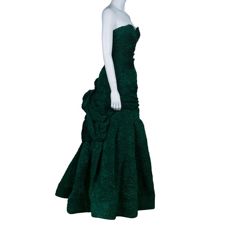 Pre Owned Monique Lhuillier Green Tufted-skirt Strapless Gown M