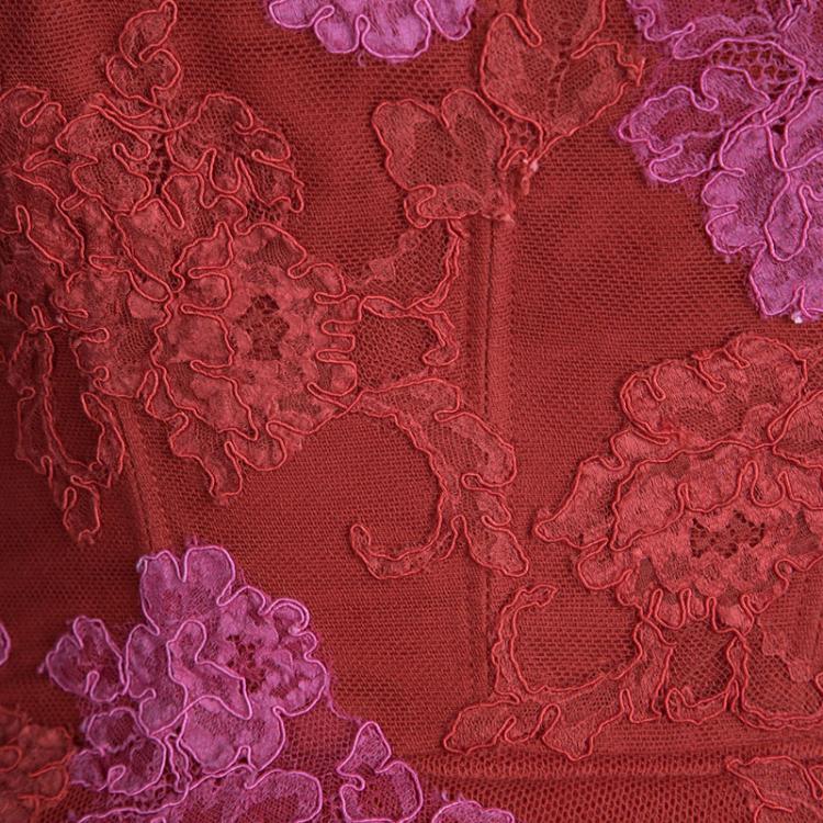 Pre Owned Monique Lhuillier Red Floral Embroidered Net Strapless Tiered Peplum Gown S