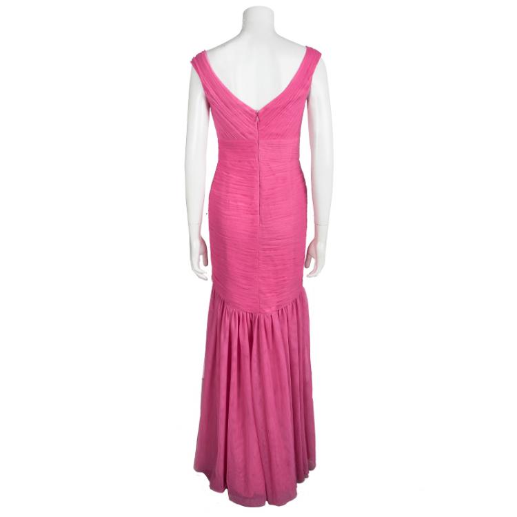 Pre Owned Monique Lhuillier Pink Pleated Net Detail Sleeveless Gown S
