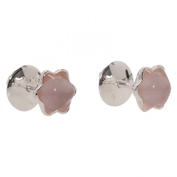 Pre Owned Montblanc Star Rose Quartz Cabouchon Silver Stud Earrings