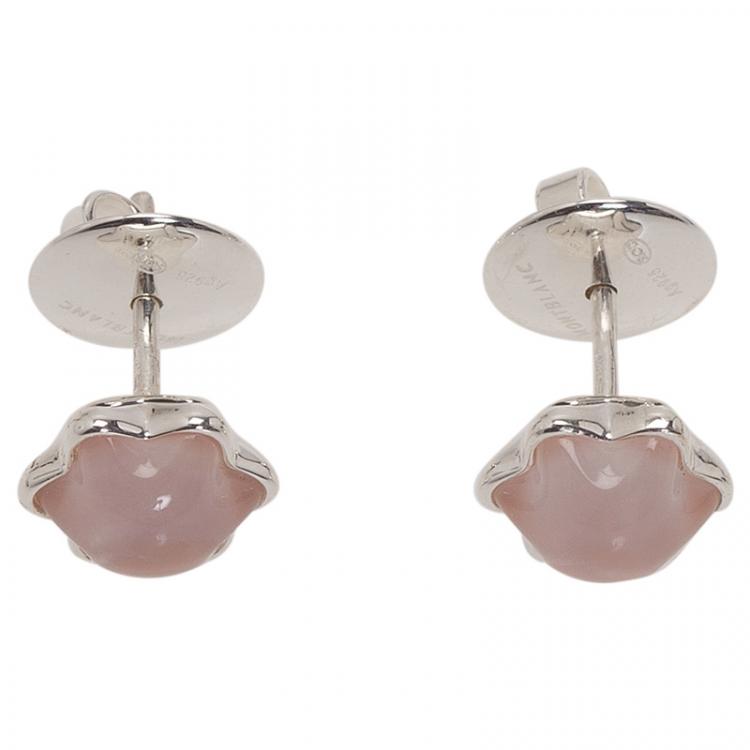 Pre Owned Montblanc Star Rose Quartz Cabouchon Silver Stud Earrings