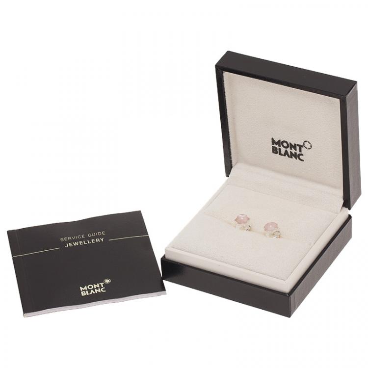 Pre Owned Montblanc Star Rose Quartz Cabouchon Silver Stud Earrings