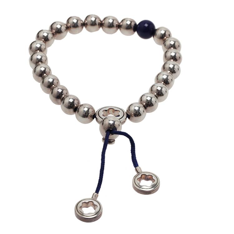 Pre Owned Montblanc Star Beads Blue Cord Silver Bracelet