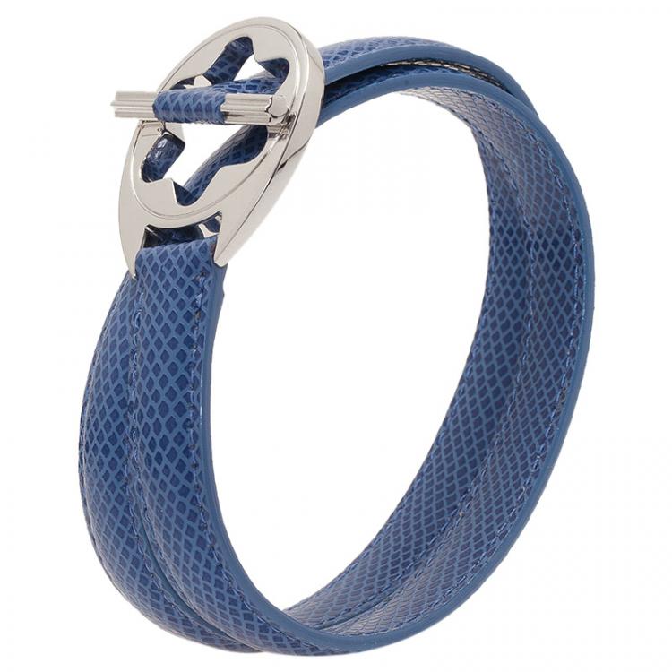 Pre Owned Montblanc Hold Me Tight Blue Leather Silver Bracelet