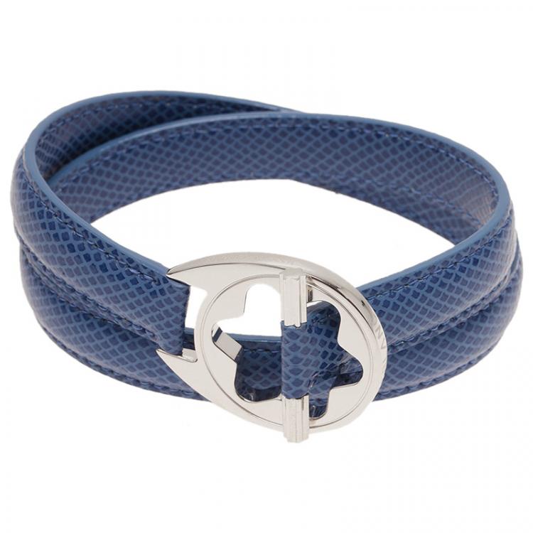 Pre Owned Montblanc Hold Me Tight Blue Leather Silver Bracelet