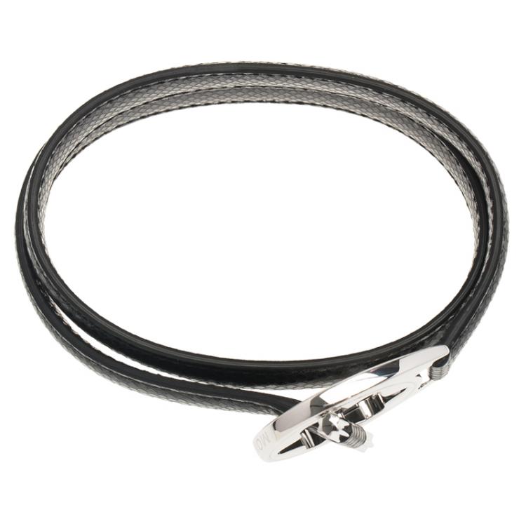 Pre Owned Montblanc Star Collection Hold Me Tight Black Leather Silver Bracelet