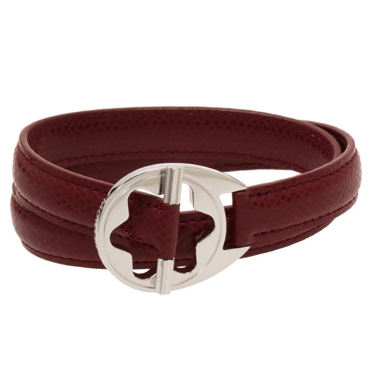 Pre Owned Montblanc Star Collection Hold Me Tight Red Leather & Silver Wrap Around Toggle Bracelet 18 cm