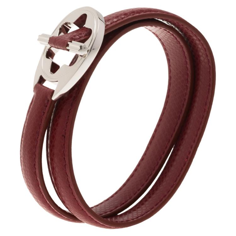 Pre Owned Montblanc Star Collection Hold Me Tight Red Leather & Silver Wrap Around Toggle Bracelet 18 cm
