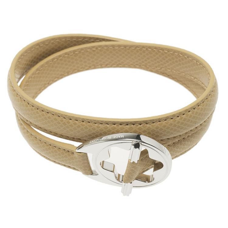 Pre Owned Montblanc Star Collection Hold Me Tight Almond Leather & Silver Wrap Around Toggle Bracelet 18cm
