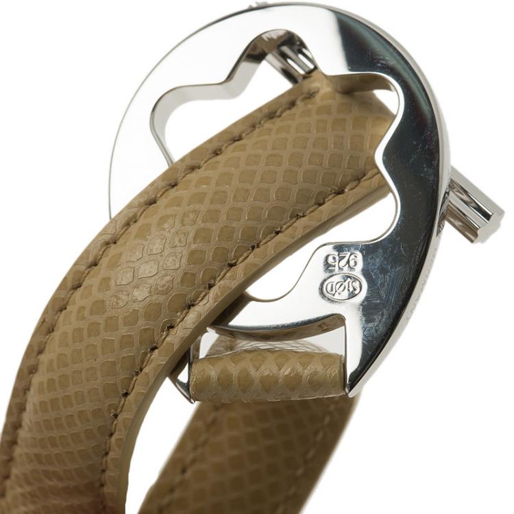 Pre Owned Montblanc Star Collection Hold Me Tight Almond Leather & Silver Wrap Around Toggle Bracelet 18cm