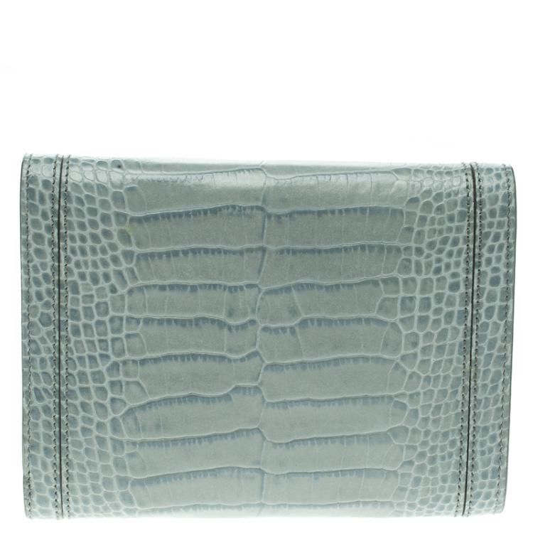Pre Owned Montblanc Blue Croc Embossed Leather French Wallet