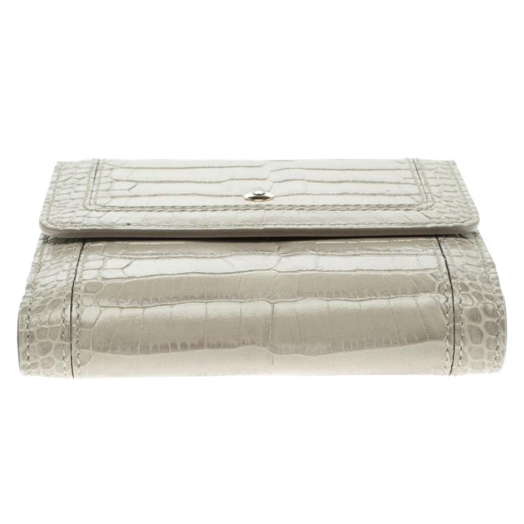 Pre Owned Montblanc Beige Croc Embossed Leather 6CC Flap Wallet