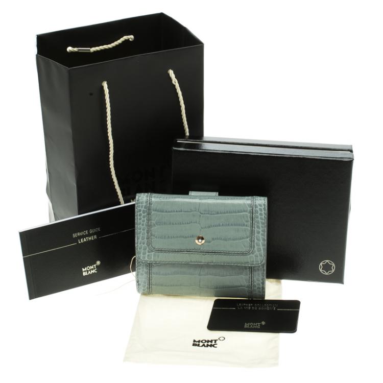 Pre Owned Montblanc Blue Croc Embossed Leather 6CC Flap Wallet