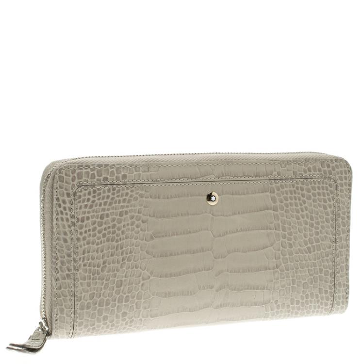 Pre Owned Montblanc Beige Croc Embossed Leather Boheme Zip Around Wallet