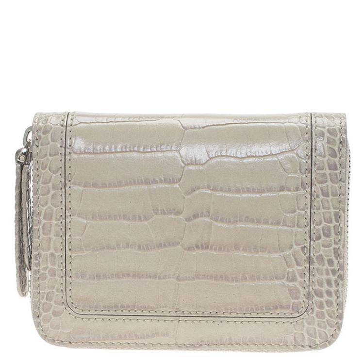 Pre Owned Montblanc Beige Croc Embossed Leather Zip Around Coin Purse