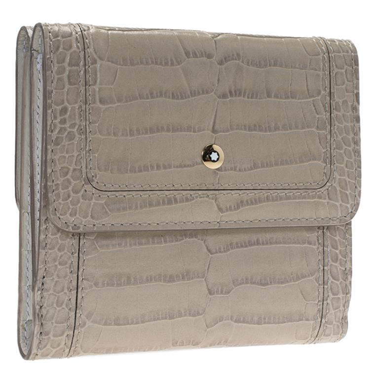 Pre Owned Montblanc Beige Croc Embossed Leather 6CC Flap Wallet
