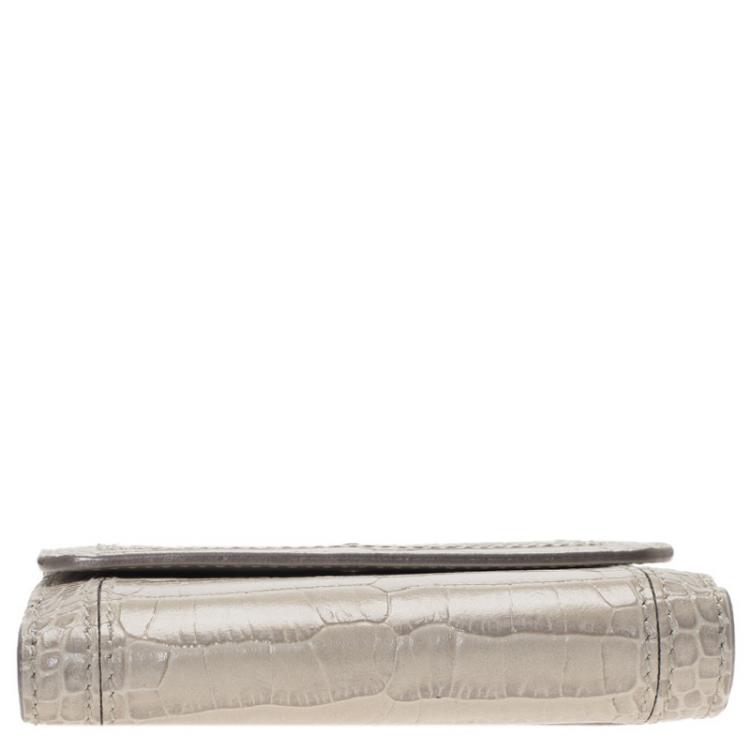 Pre Owned Montblanc Beige Croc Embossed Leather 6CC Flap Wallet