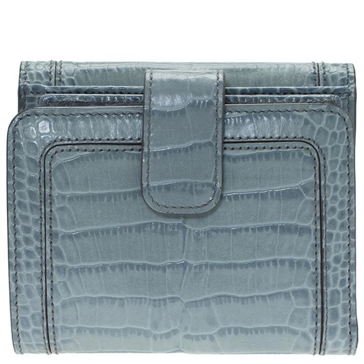 Pre Owned Montblanc Blue Croc Embossed Leather 6CC Flap Wallet