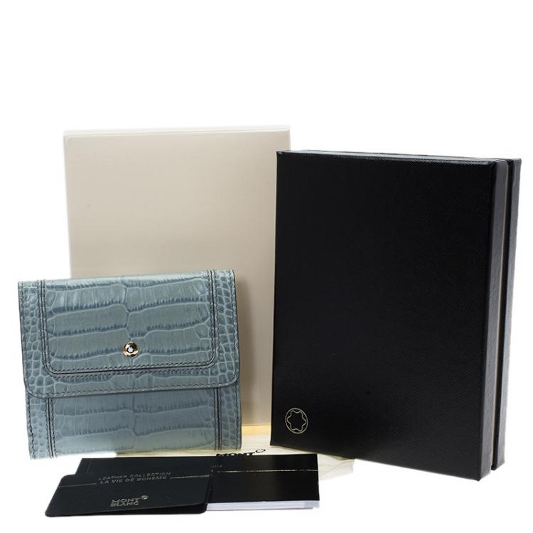 Pre Owned Montblanc Blue Croc Embossed Leather 6CC Flap Wallet