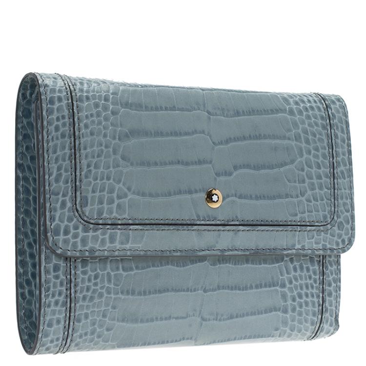 Pre Owned Montblanc Blue Croc Embossed Leather French Wallet