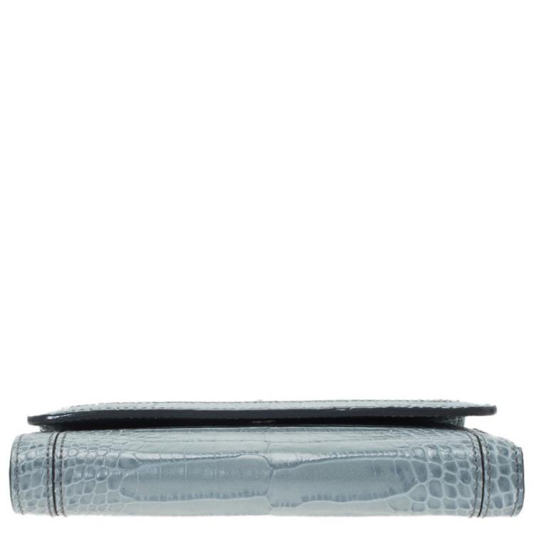 Pre Owned Montblanc Blue Croc Embossed Leather French Wallet