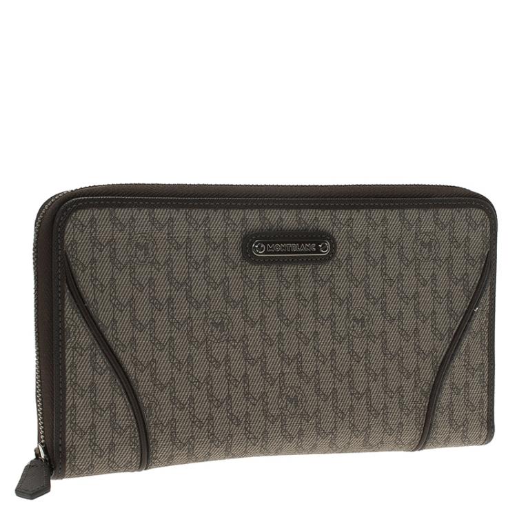 Pre Owned Montblanc Brown Leather and Signature Canvas Zip Around Travel Wallet