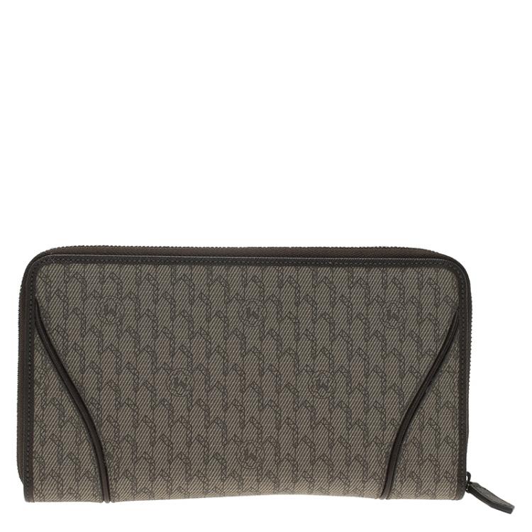 Pre Owned Montblanc Brown Leather and Signature Canvas Zip Around Travel Wallet