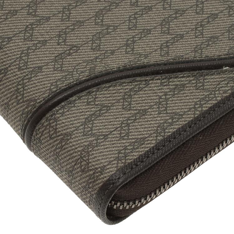Pre Owned Montblanc Brown Leather and Signature Canvas Zip Around Travel Wallet