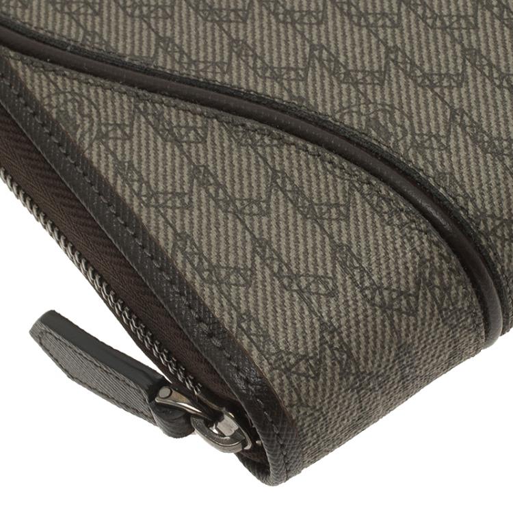 Pre Owned Montblanc Brown Leather and Signature Canvas Zip Around Travel Wallet
