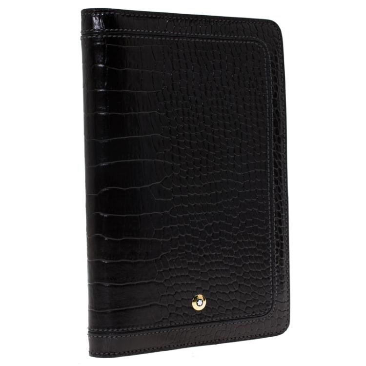 Pre Owned Montblanc Black Sand Lizard Embossed Leather Small Agenda