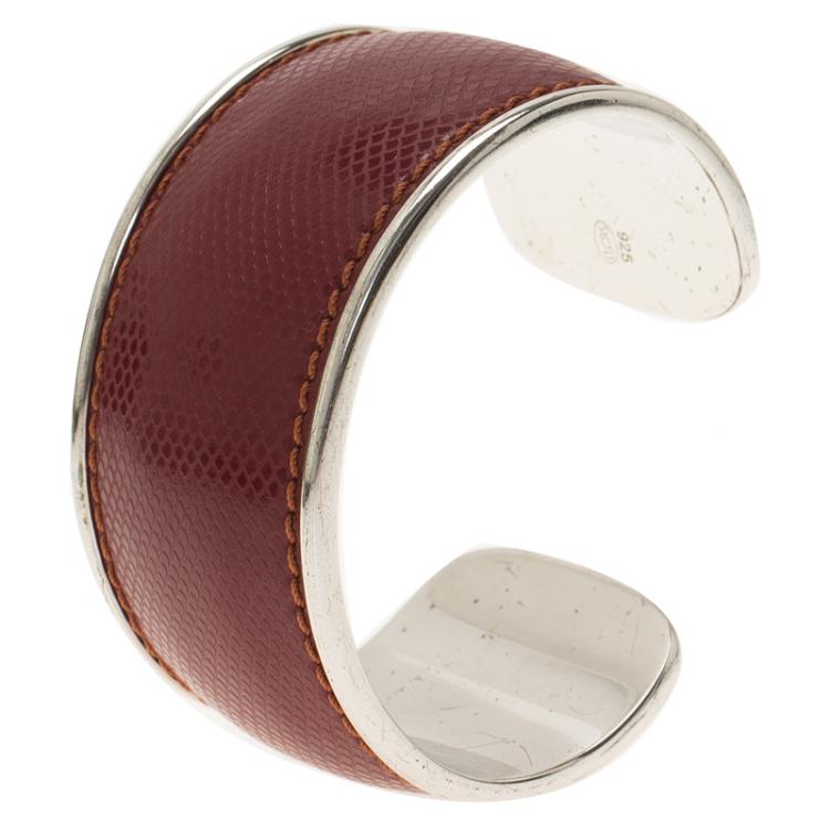 Pre Owned Montblanc Burgundy Leather Silver Cuff Bracelet