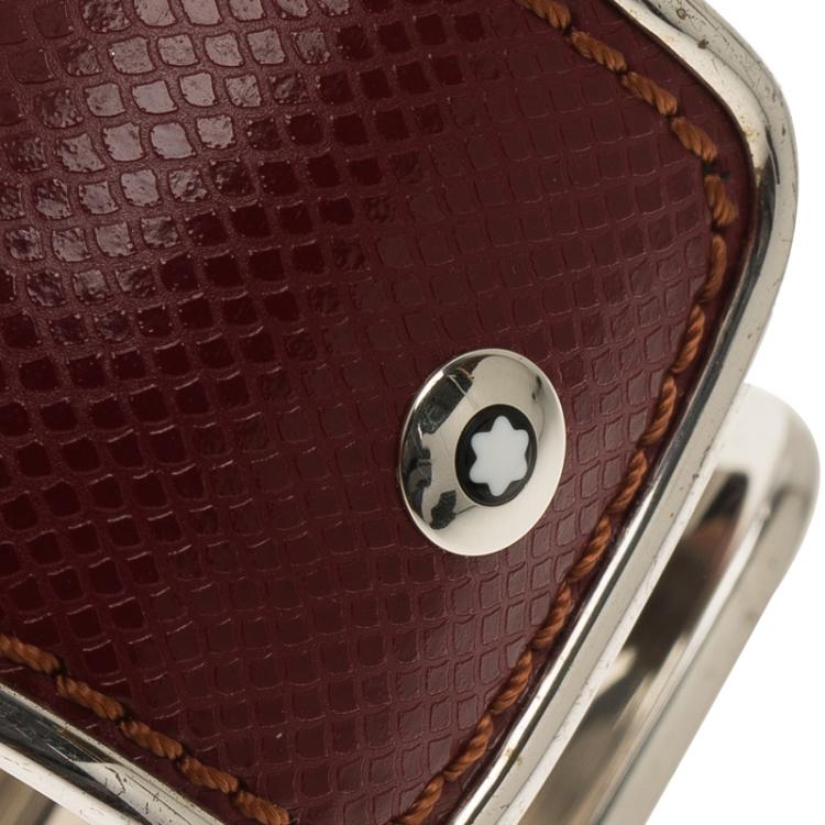 Pre Owned Montblanc Burgundy Leather Silver Cuff Bracelet
