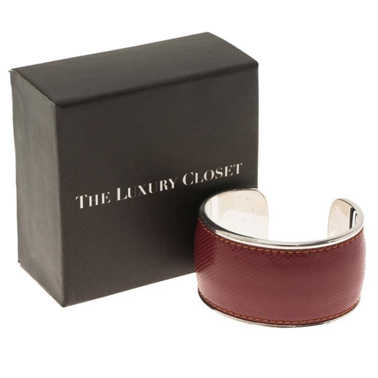 Pre Owned Montblanc Burgundy Leather Silver Cuff Bracelet