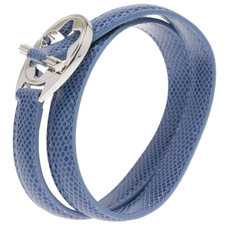 Pre Owned Montblanc Star Collection Hold Me Tight Arctic Blue Leather Silver Bracelet Size 18cm