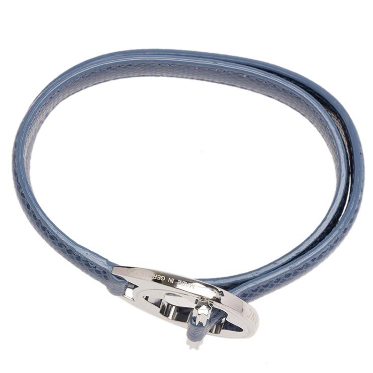 Pre Owned Montblanc Star Collection Hold Me Tight Arctic Blue Leather Silver Bracelet Size 18cm
