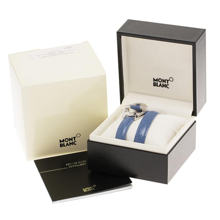 Pre Owned Montblanc Star Collection Hold Me Tight Arctic Blue Leather Silver Bracelet Size 18cm