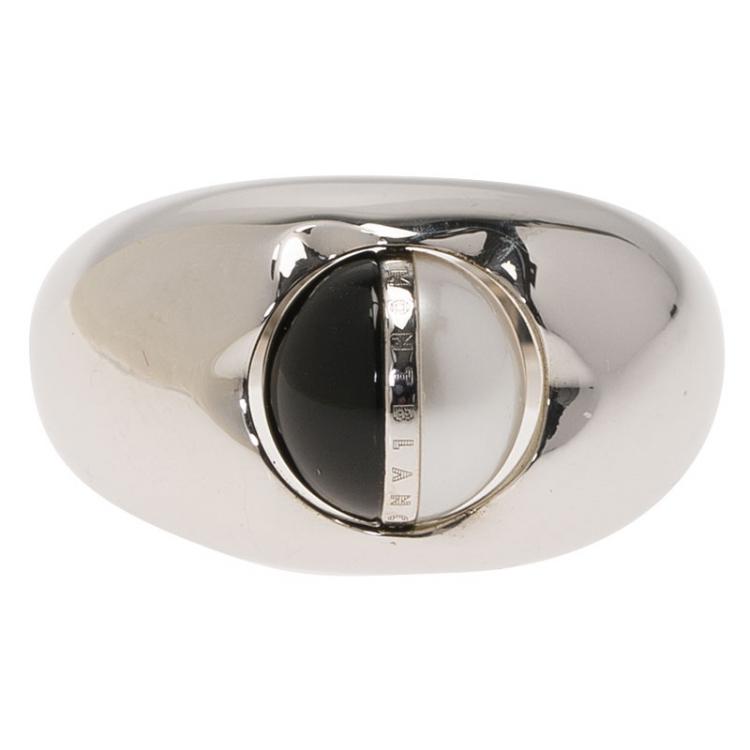 Pre Owned Montblanc Rotating Sphere in Onyx and Pearl Cabochon Silver Ring Size 56