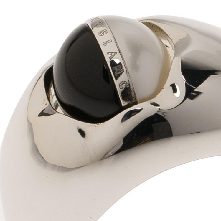 Pre Owned Montblanc Rotating Sphere in Onyx and Pearl Cabochon Silver Ring Size 56