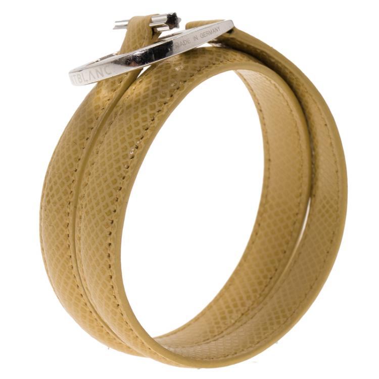 Pre Owned Montblanc Hold Me Tight Silver Beige Leather Double Wrap Bracelet 18cm