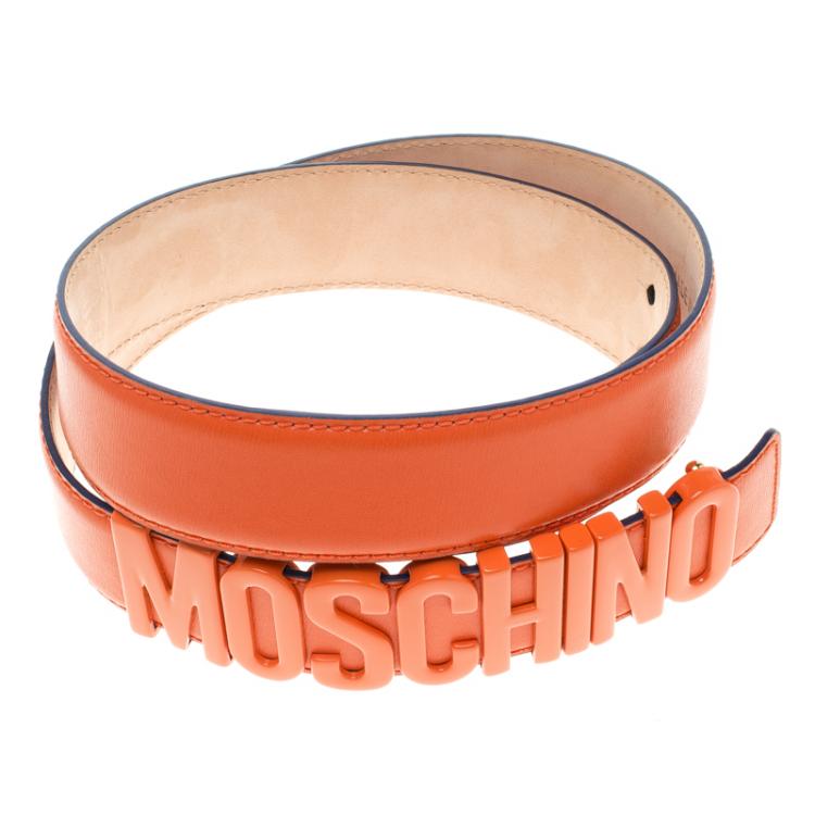 Pre Owned Moschino Orange Leather Logo Belt 105 CM